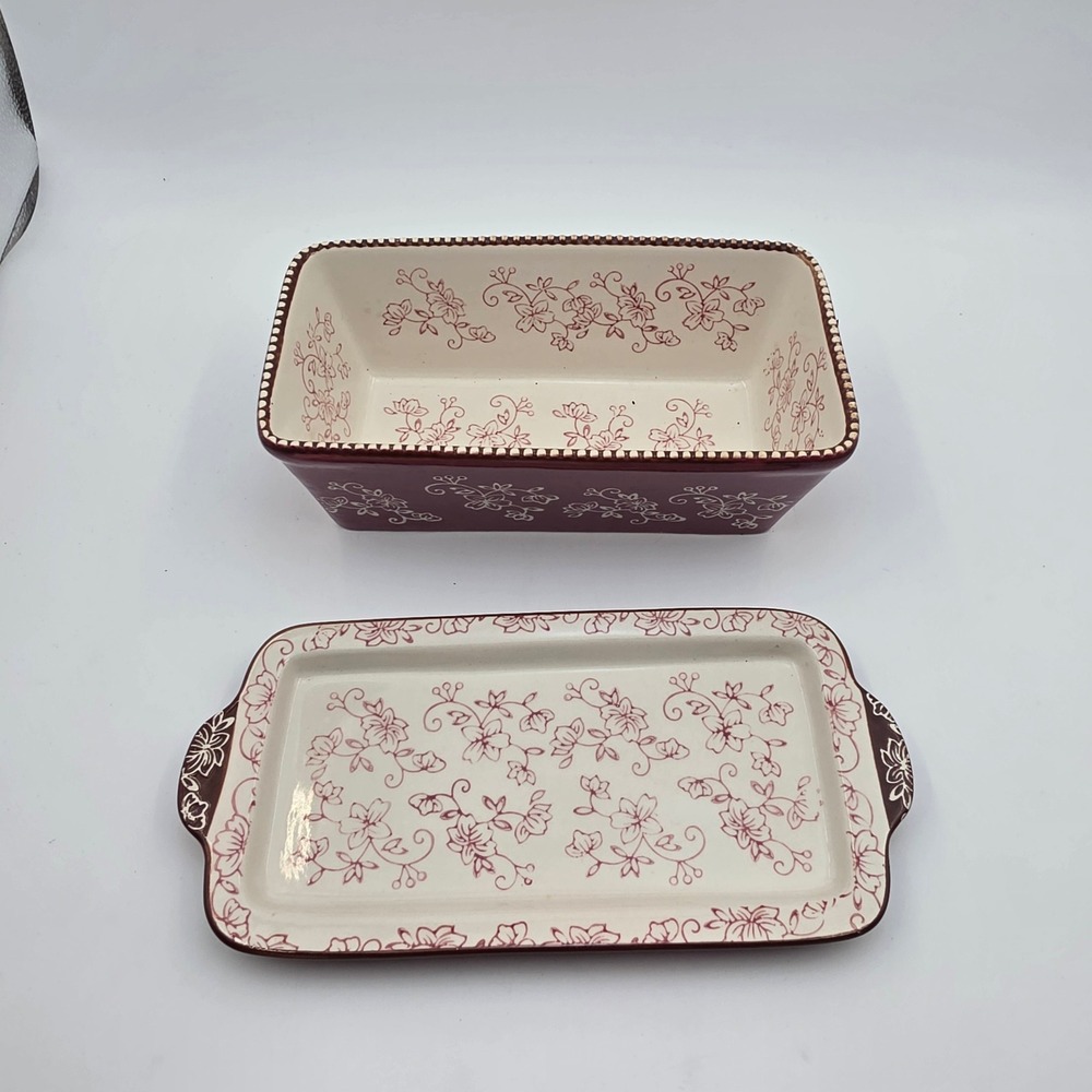 Temp-tations Floral Lace Cranberry 1 QT Loaf Pan with Lid-It Tray Set KFI-XNG